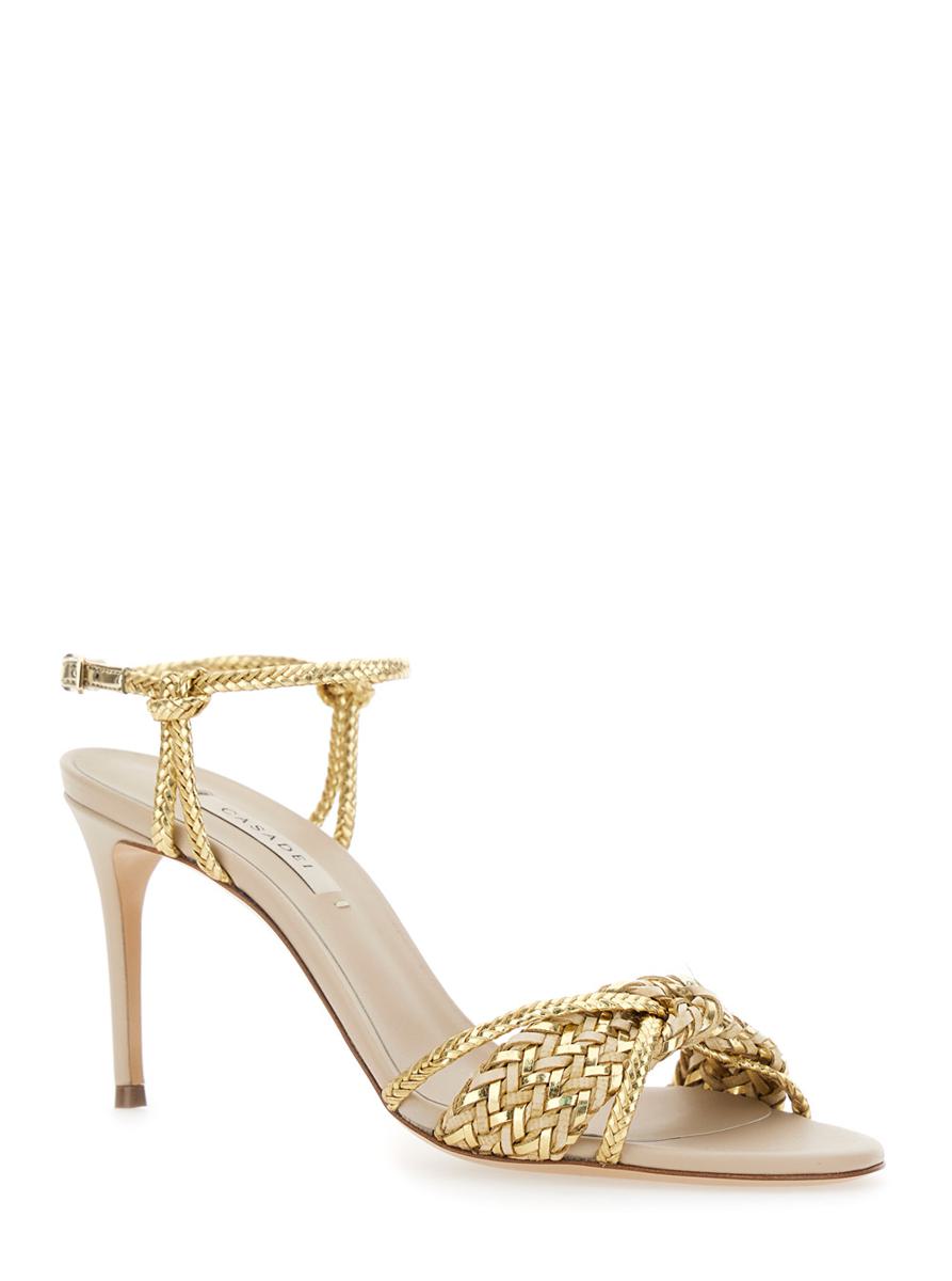 'Giulia Marbella' Goldfarbene Sandalen mit Schnallenverschluss und hohem Stilettoabsatz aus Stoff für Damen