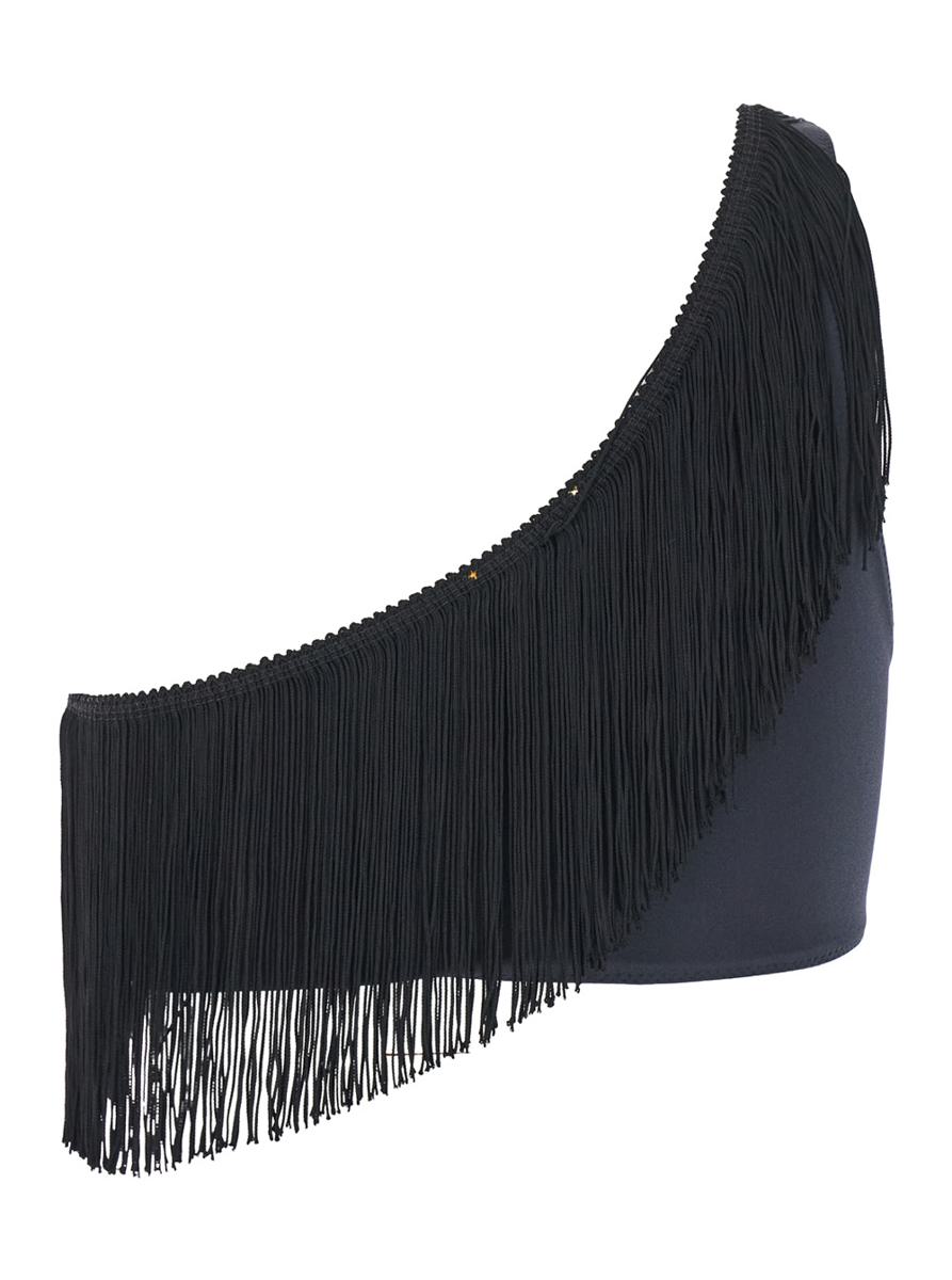 Schwarzes One-Shoulder-Top mit Fransenverzierungen aus technischem Stretchgewebe für Damen