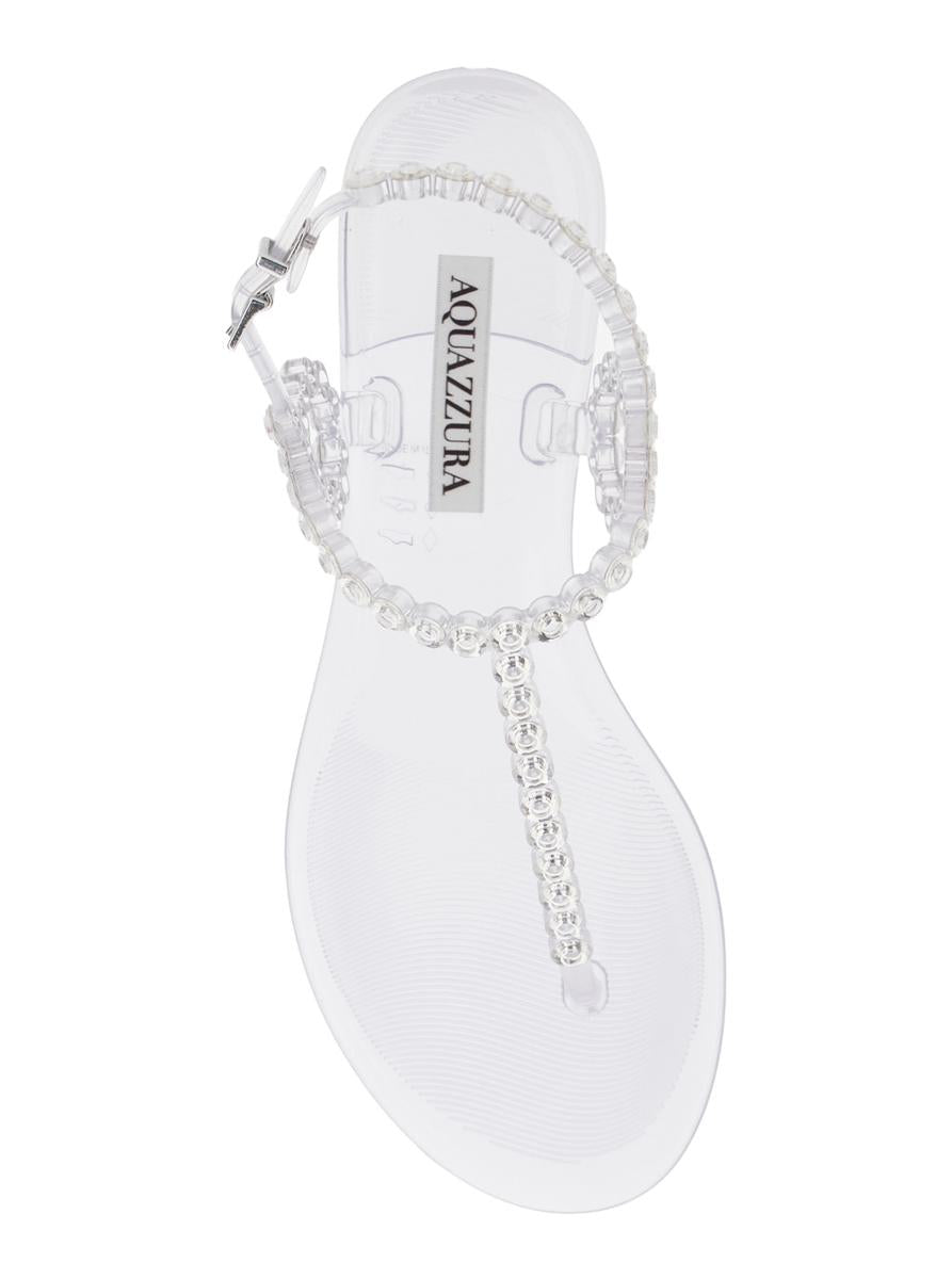 „Almost Bare“ Metallicfarbene Sandalen mit Ösenverzierungen und Schnallenverschluss aus Gummi für Damen