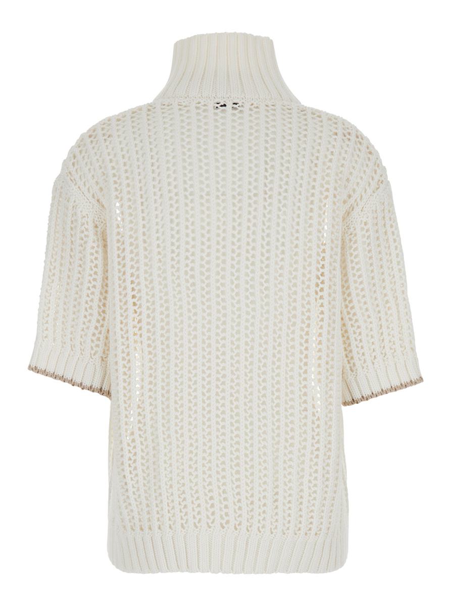 Weißer Pullover mit hohem Kragen und perforiertem Design aus Baumwolle für Damen