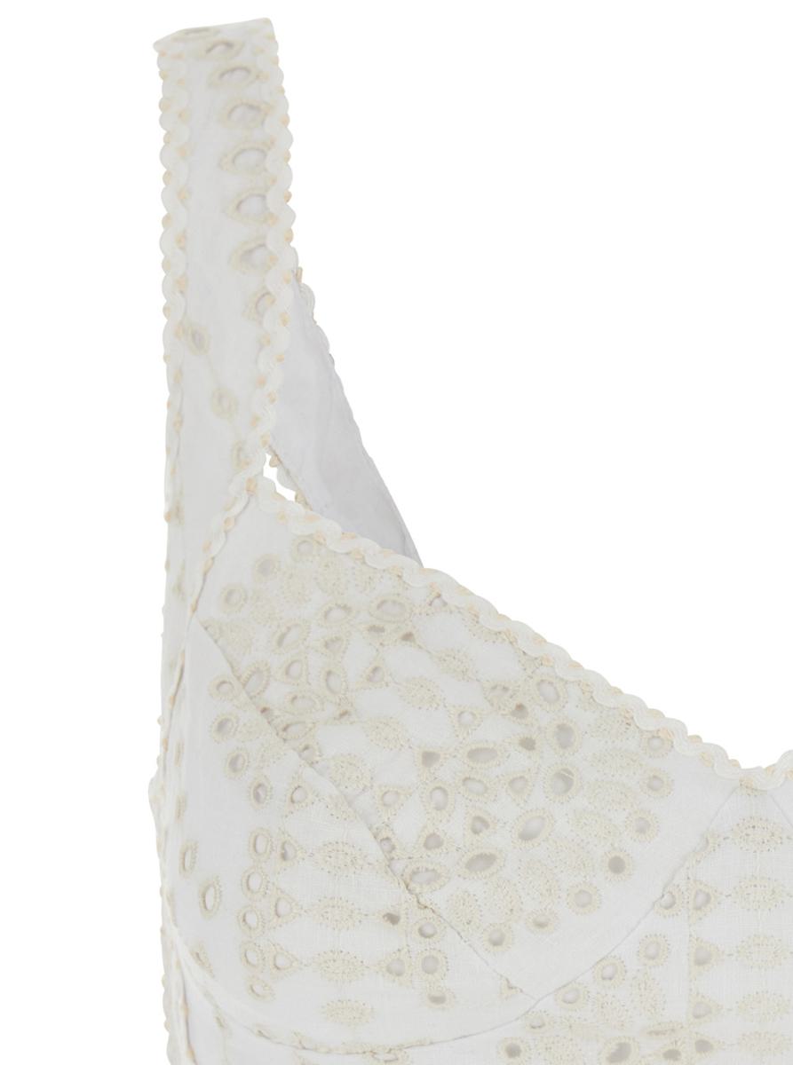 Weißes Top „Goldie“ mit V-Ausschnitt vorne und perforiertem Design aus Baumwoll-Leinen-Mischgewebe für Damen