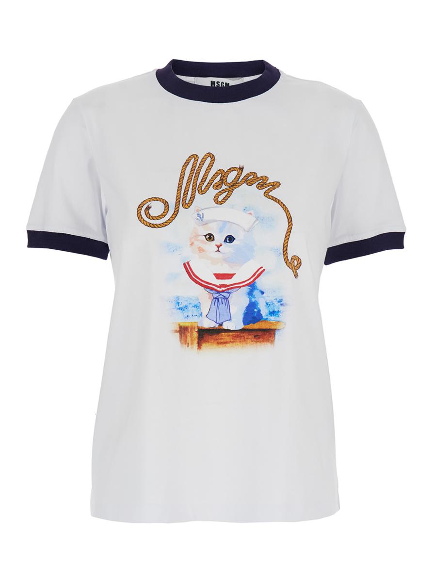 Weißes T-Shirt mit Rundhalsausschnitt und Logo-Print auf der Vorderseite aus Baumwolle für Damen