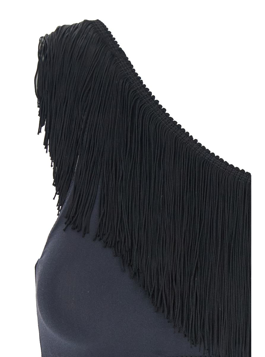 Schwarzes One-Shoulder-Top mit Fransenverzierungen aus technischem Stretchgewebe für Damen