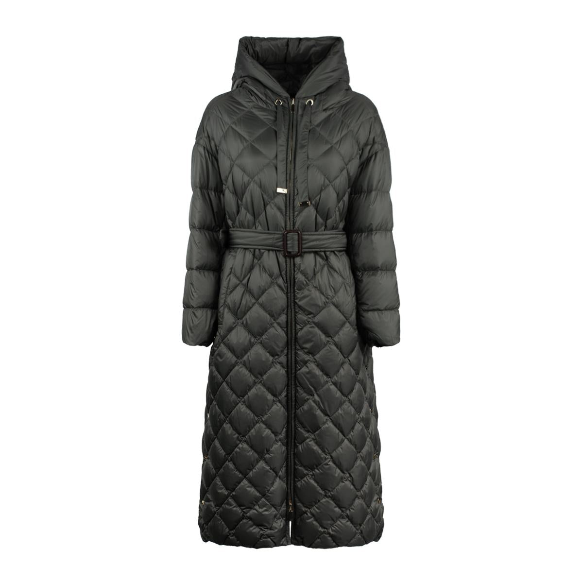 Max Mara – Lange Daunenjacke mit Rautenmuster und Kapuze