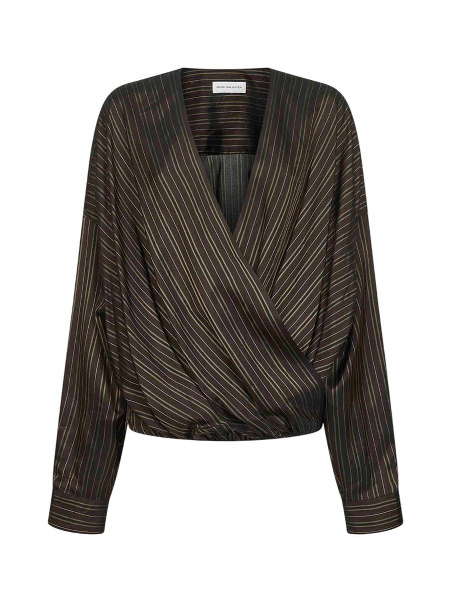 Dries Van Noten – Braun gestreifte Cupro-Bluse mit Drapierung