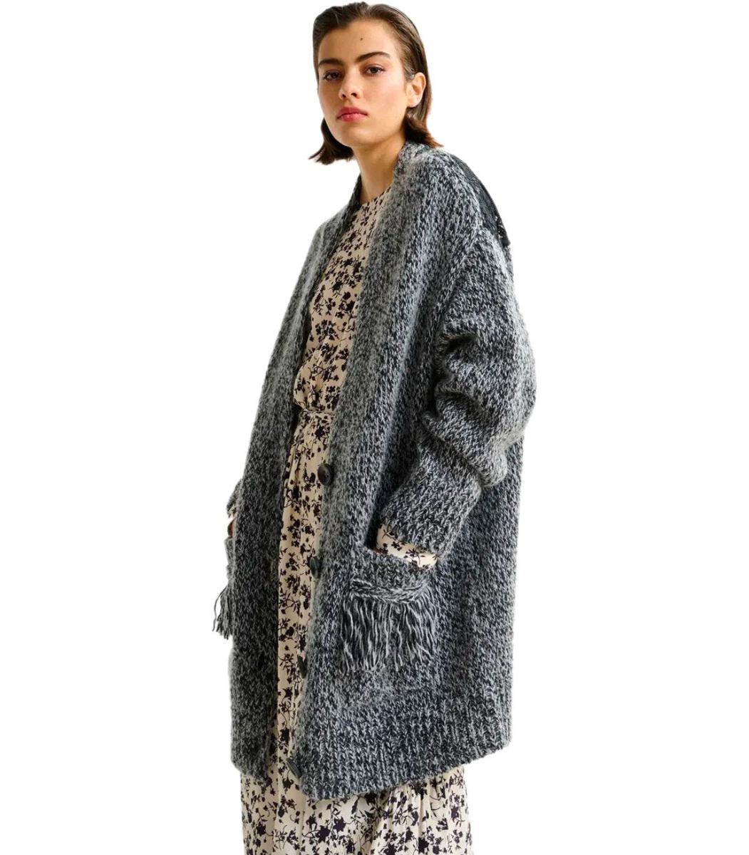 Essentiel Antwerp – Schwarze Strickjacke mit Spitzenbesatz
