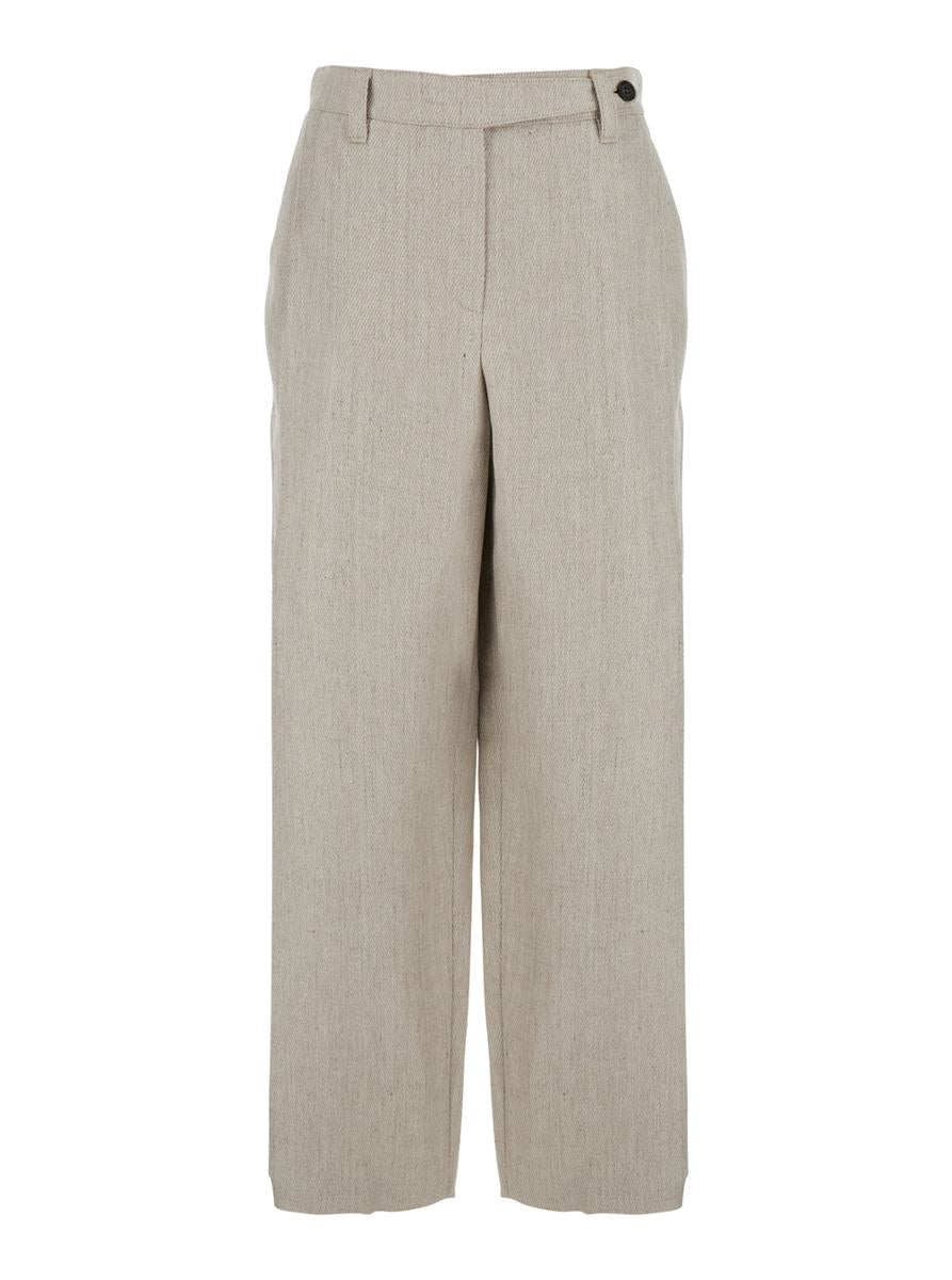 Beige Hose mit verstecktem Frontverschluss und aufgesetzten Knöpfen aus Leinen für Damen