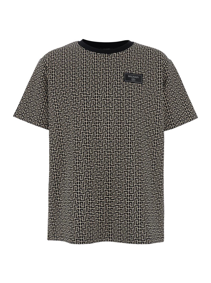 Graues T-Shirt mit Logo auf der Brust und Allover-Labyrinth-Motiv aus Baumwolle für Herren