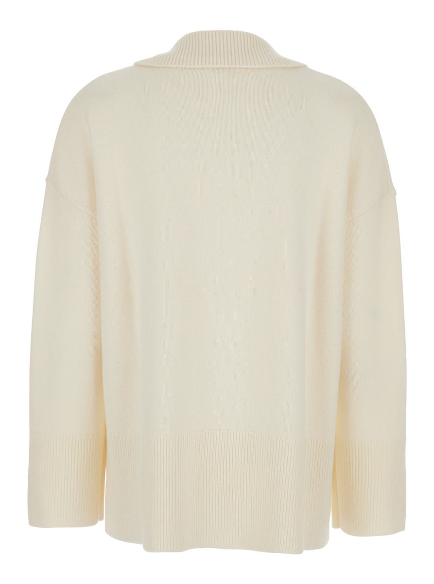 Weißer Pullover mit Poloshirt-Kragen und überschnittener Schulter aus Wolle und Kaschmir für Damen