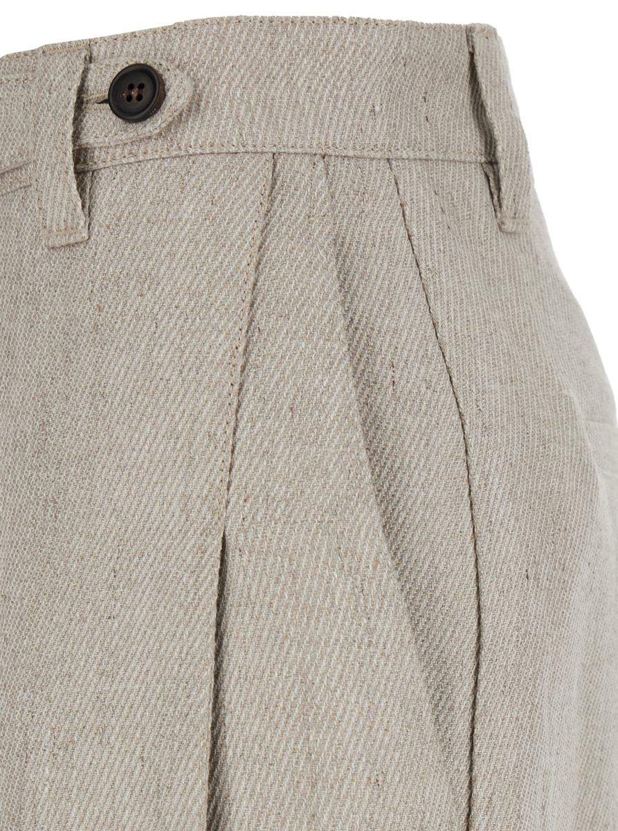 Beige Hose mit verstecktem Frontverschluss und aufgesetzten Knöpfen aus Leinen für Damen