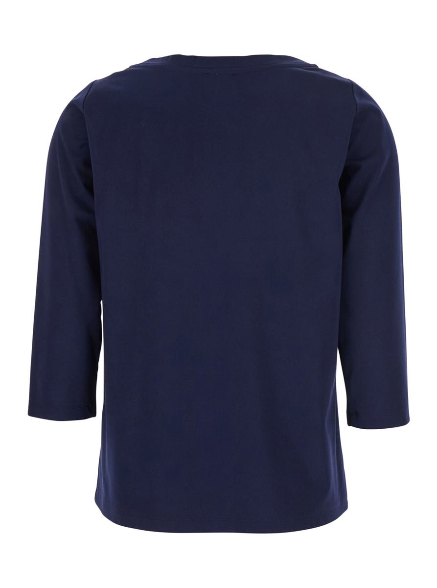 Blaues T-Shirt mit Rundhalsausschnitt und Dreiviertelärmeln aus Stoff für Damen