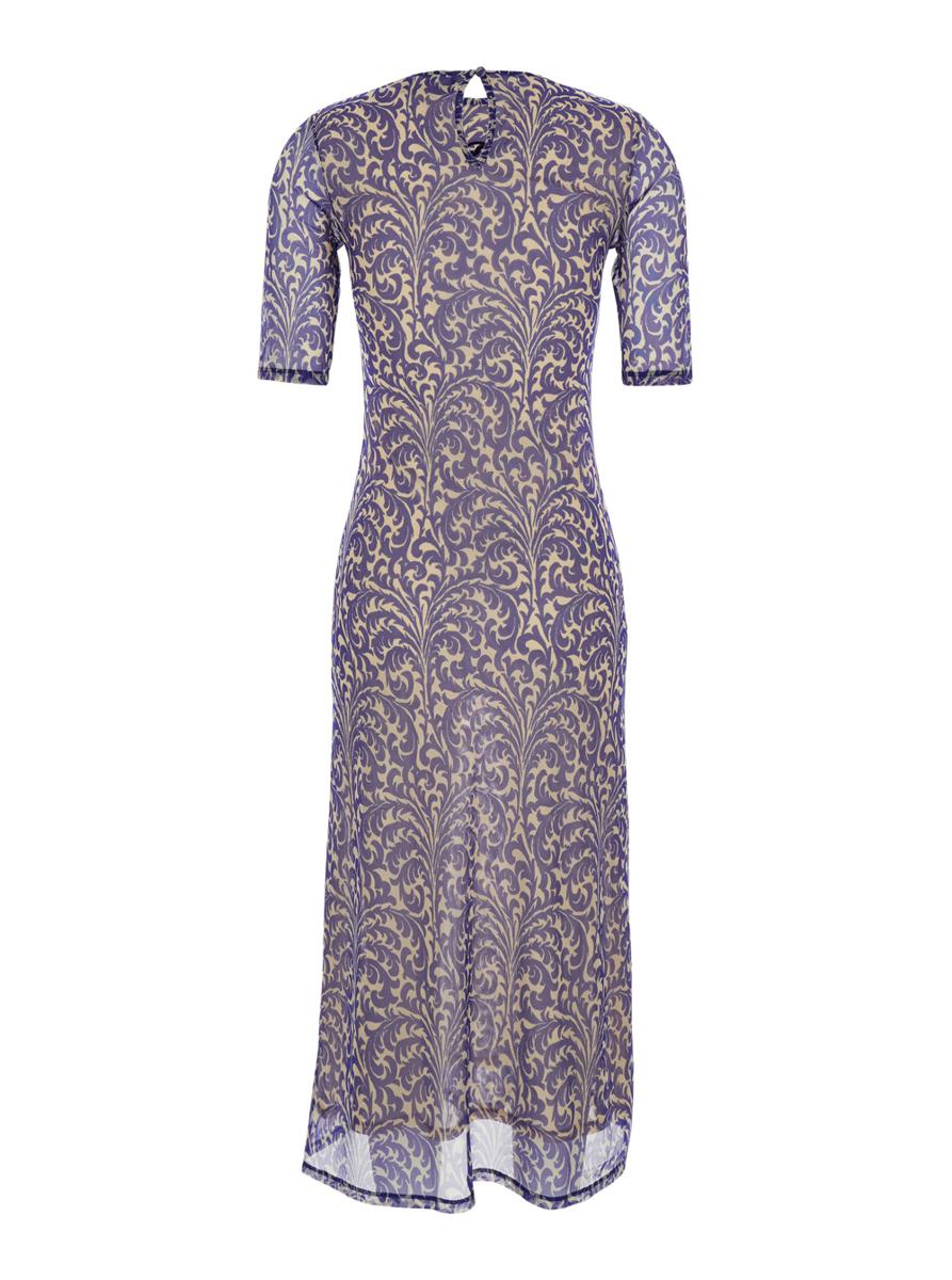 Blaues langes Kleid mit Maxi-Blumendruck auf der Vorderseite und Allover-Print aus technischem Stoff. Frau