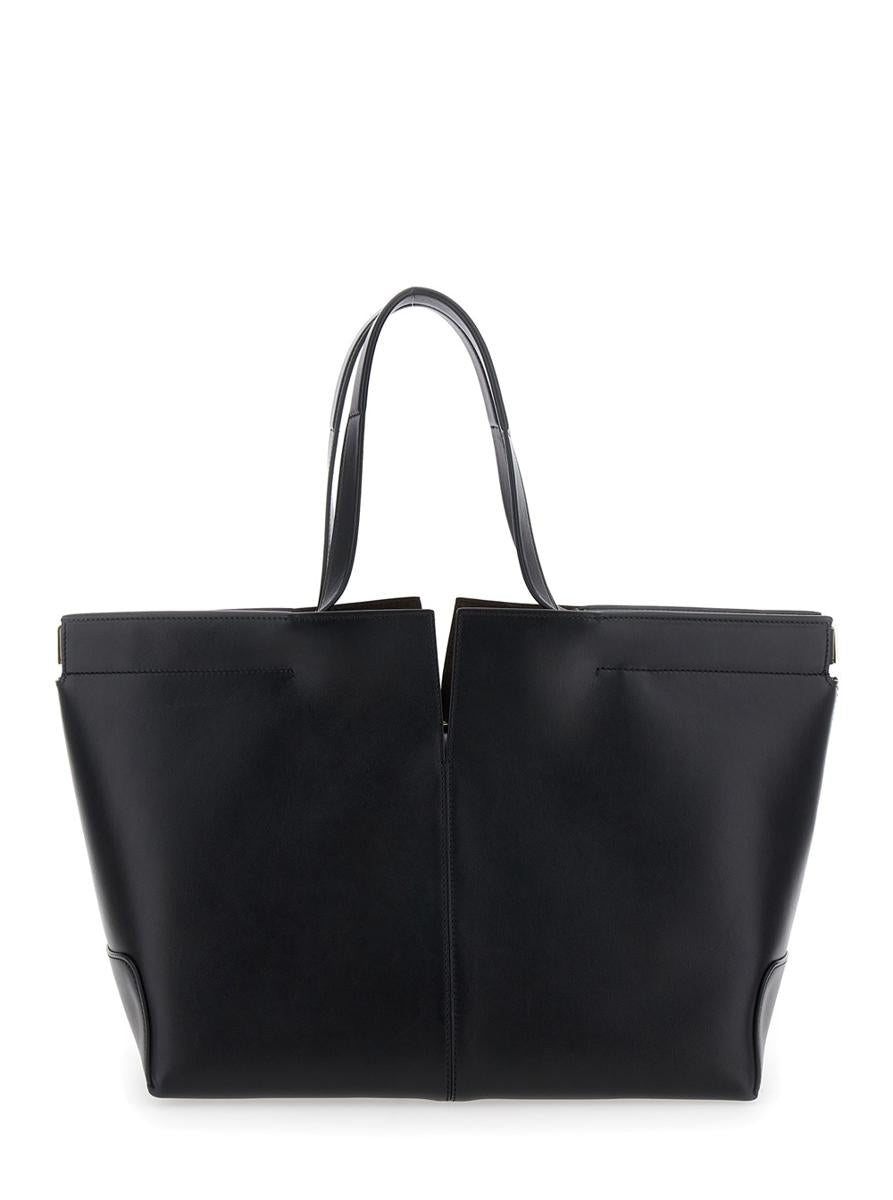 Schwarze Tragetasche mit zwei oberen Griffen und seitlichen Metalldetails aus Leder für Damen