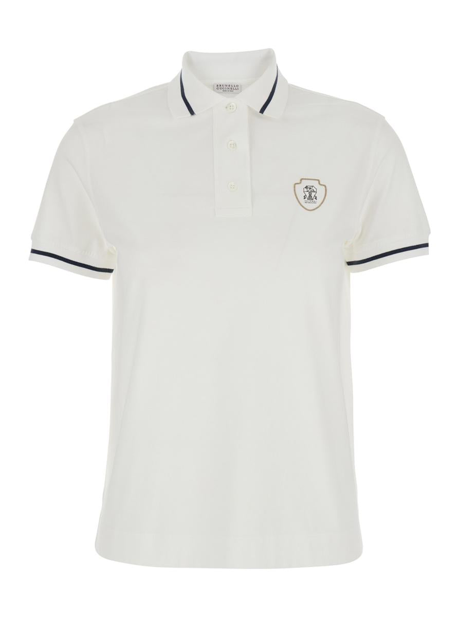 Weißes Poloshirt mit Logo-Aufdruck auf der Vorderseite aus Baumwolljersey für Damen