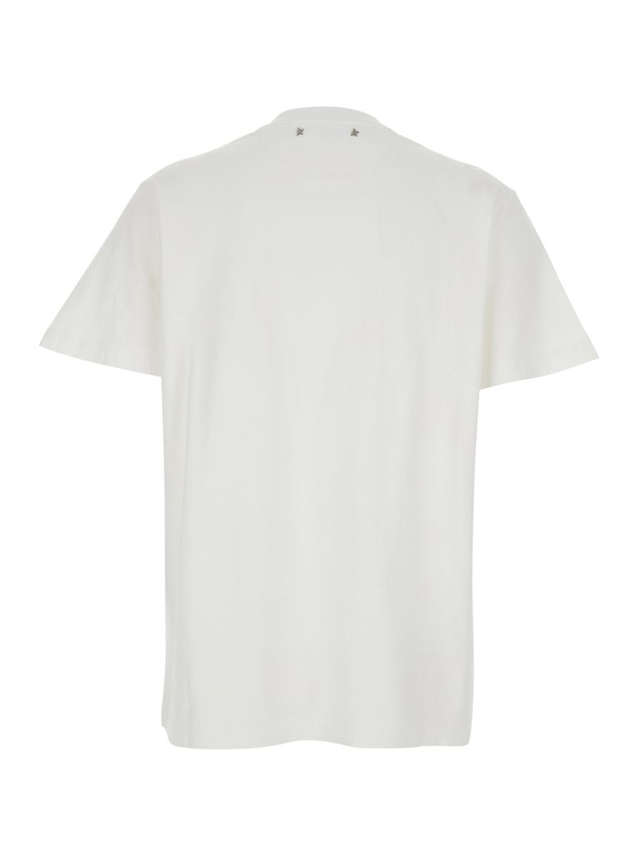 Weißes T-Shirt mit Rundhalsausschnitt und Strassverzierungen am Kragen und Logodetail auf der Rückseite aus Baumwolle für Damen