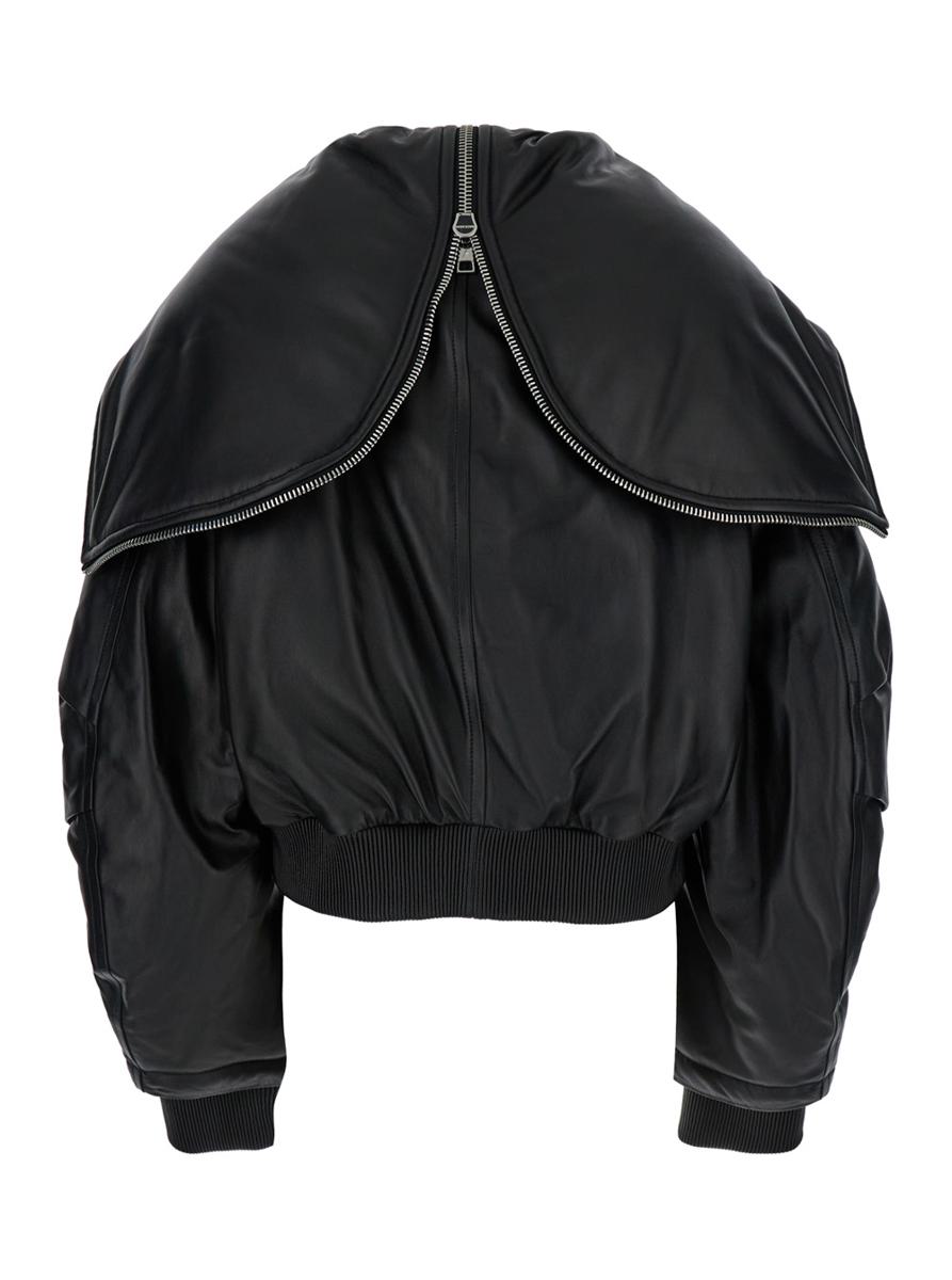 Schwarze Bomberjacke mit übergroßer Kapuze und Reißverschluss aus Leder für Damen