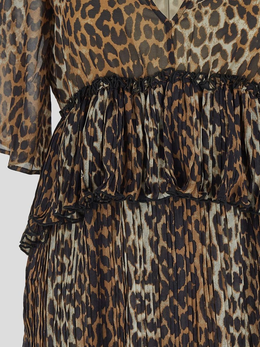 Ganni – Plissiertes Georgette-Minikleid mit Volant und V-Ausschnitt