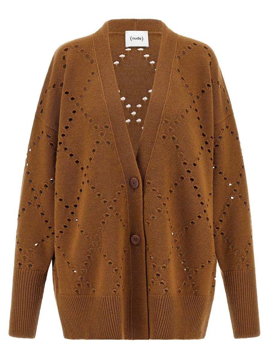 Hautfarbene Strickjacke mit Argyle-Ausschnitt
