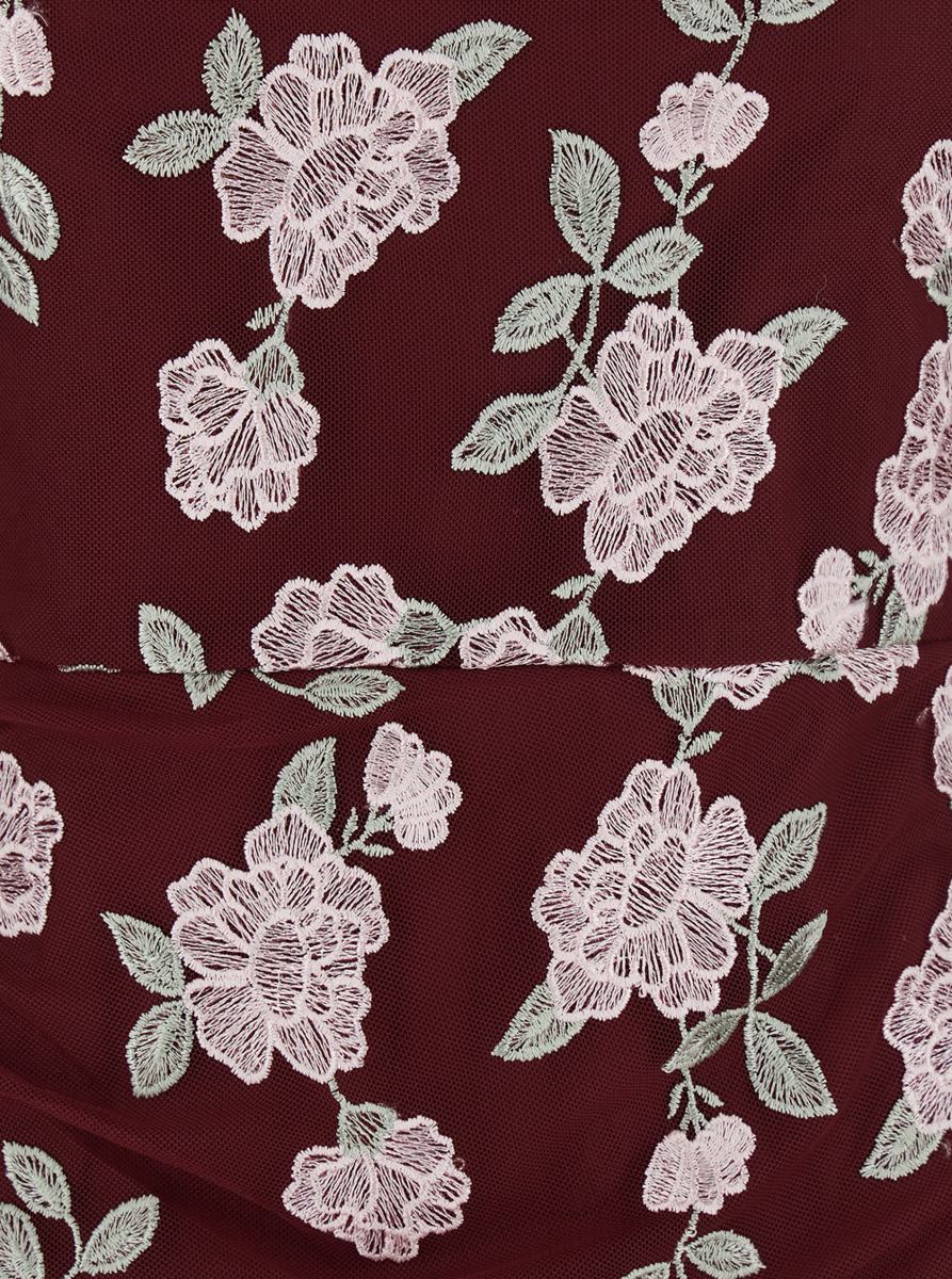 Bordeauxfarbenes Kleid mit Blumenstickerei aus Stoff für Damen