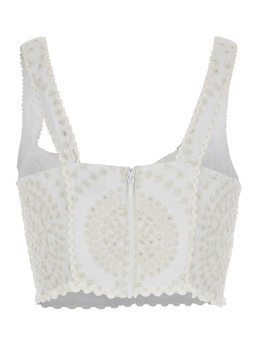 Weißes Top „Goldie“ mit V-Ausschnitt vorne und perforiertem Design aus Baumwoll-Leinen-Mischgewebe für Damen