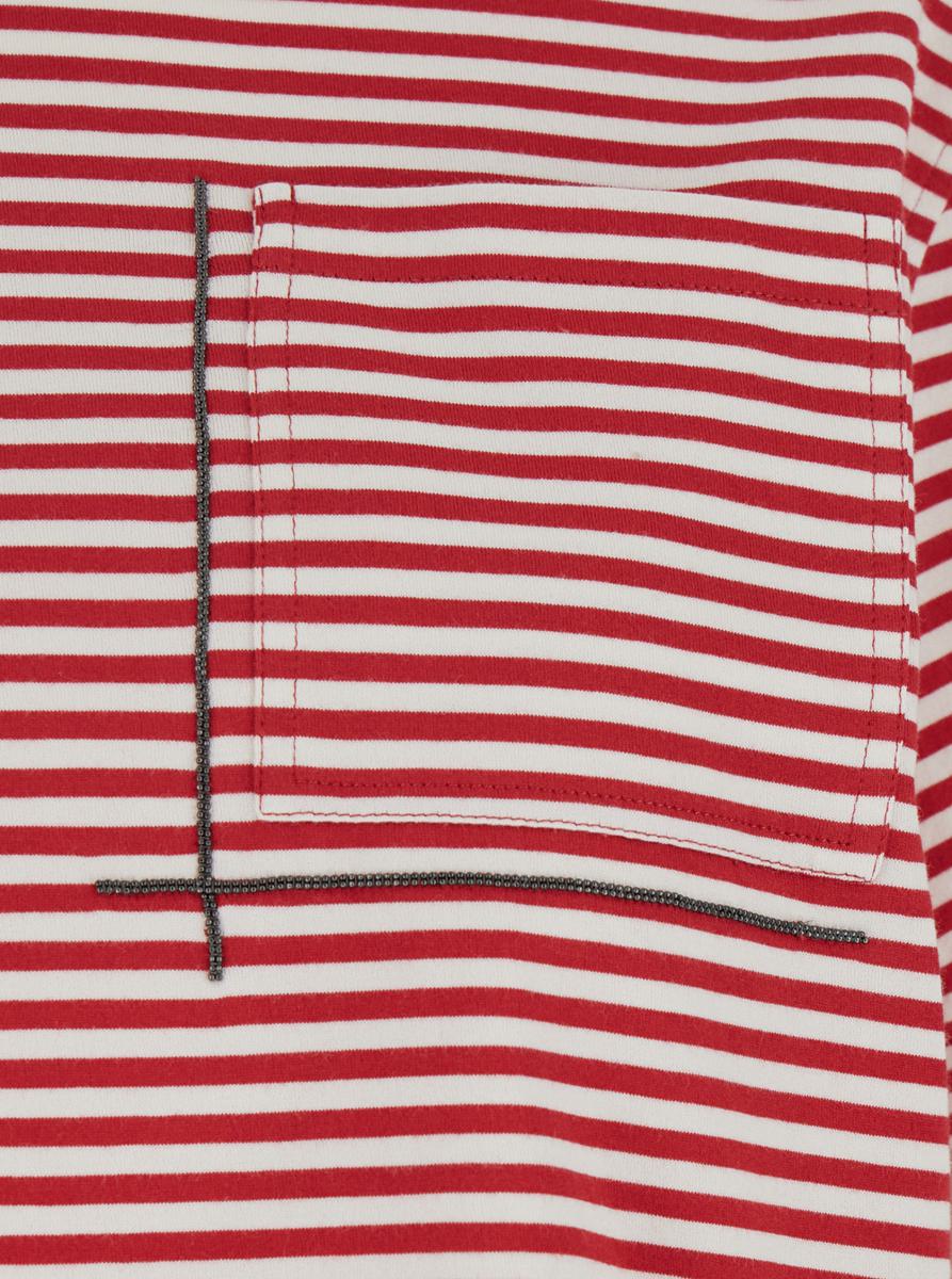 Rotes T-Shirt mit Rundhalsausschnitt, durchgehendem Streifenmotiv und Schmuckdetail auf der Vorderseite aus Baumwolle für Damen