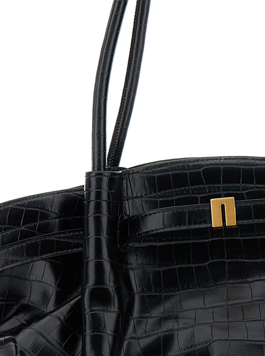 Schwarze Handtasche „Hana“ mit Logo-Plakette auf der Vorderseite und geprägtem Krokodileffekt aus Ökoleder für Damen