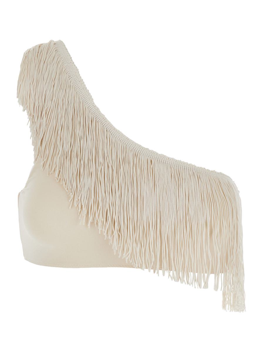 Beiges One-Shoulder-Top mit Fransenverzierungen aus technischem Stretchgewebe für Damen