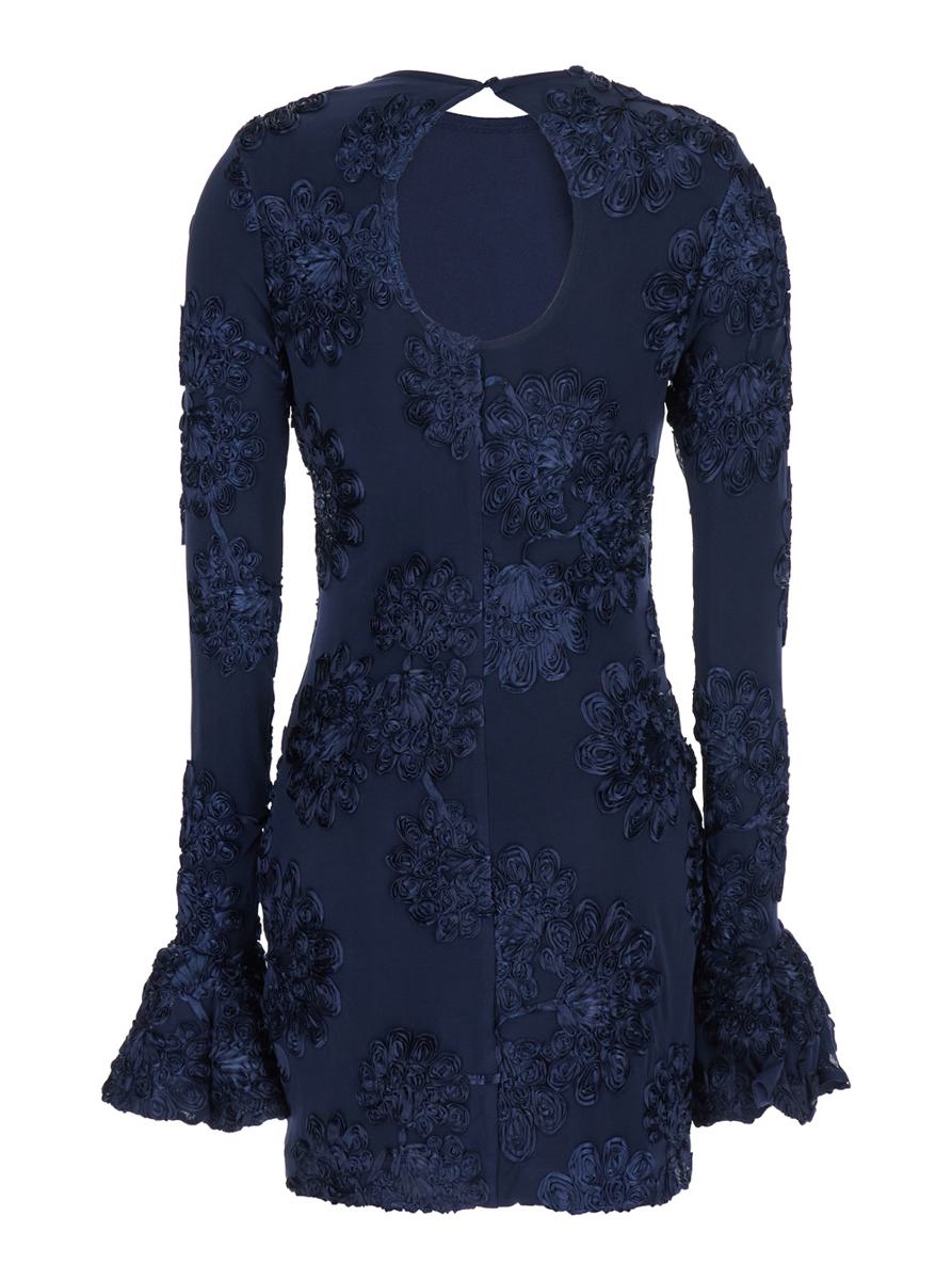Blaues Kleid mit Mesh-Einsätzen und geprägten Blumen aus Stoff für Damen