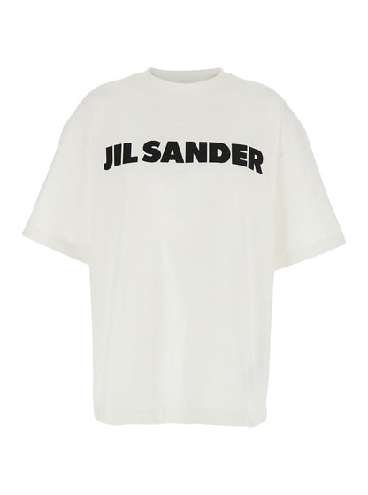 Weißes T-Shirt mit Rundhalsausschnitt und Logo-Schriftzug auf der Vorderseite aus Baumwolle für Damen