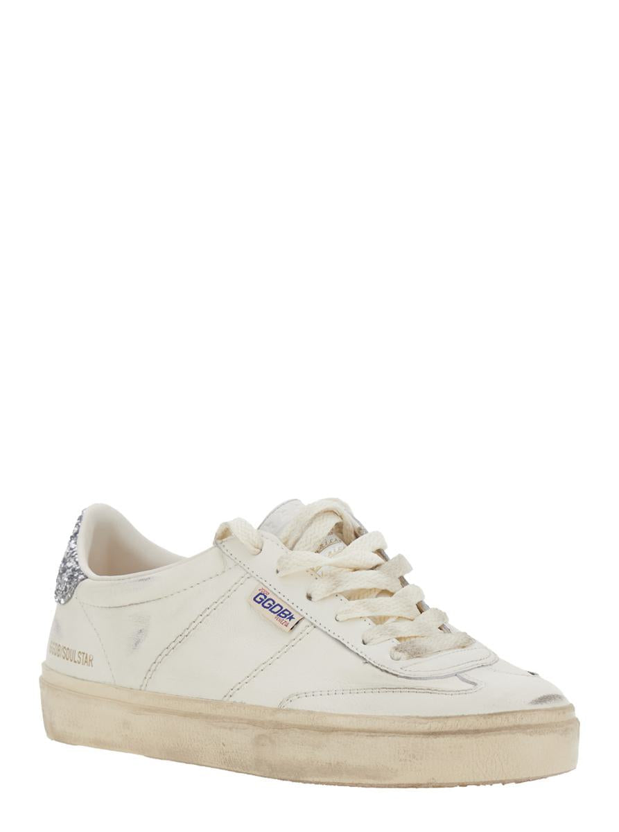 Weißer Low-Top-Sneaker „Soul-Star“ mit Glitzerabsatz und Logo-Schriftzug aus Leder für Damen