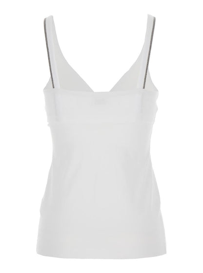 Weißes ärmelloses Top mit V-Ausschnitt und Monil-Detail an den Schulterträgern aus Baumwollstretch für Damen