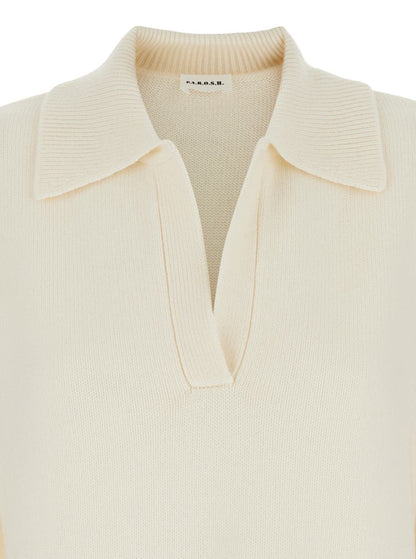 Weißer Pullover mit Poloshirt-Kragen und überschnittener Schulter aus Wolle und Kaschmir für Damen