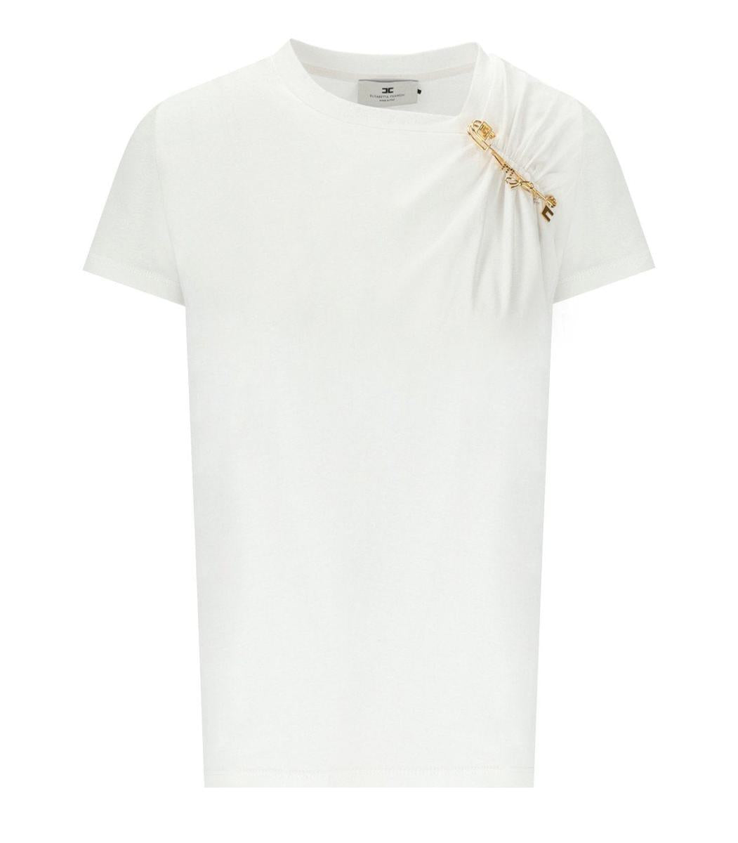 Elisabetta Franchi – Weißes T-Shirt mit Brosche