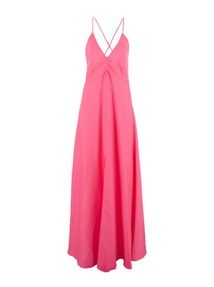 Fuchsiafarbenes, ärmelloses, langes Kleid mit gekreuzten Spaghettiträgern und Knopfverschluss hinten aus technischem Stoff für Damen