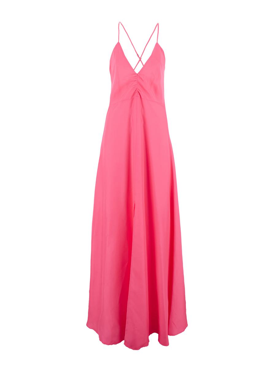 Fuchsiafarbenes, ärmelloses, langes Kleid mit gekreuzten Spaghettiträgern und Knopfverschluss hinten aus technischem Stoff für Damen