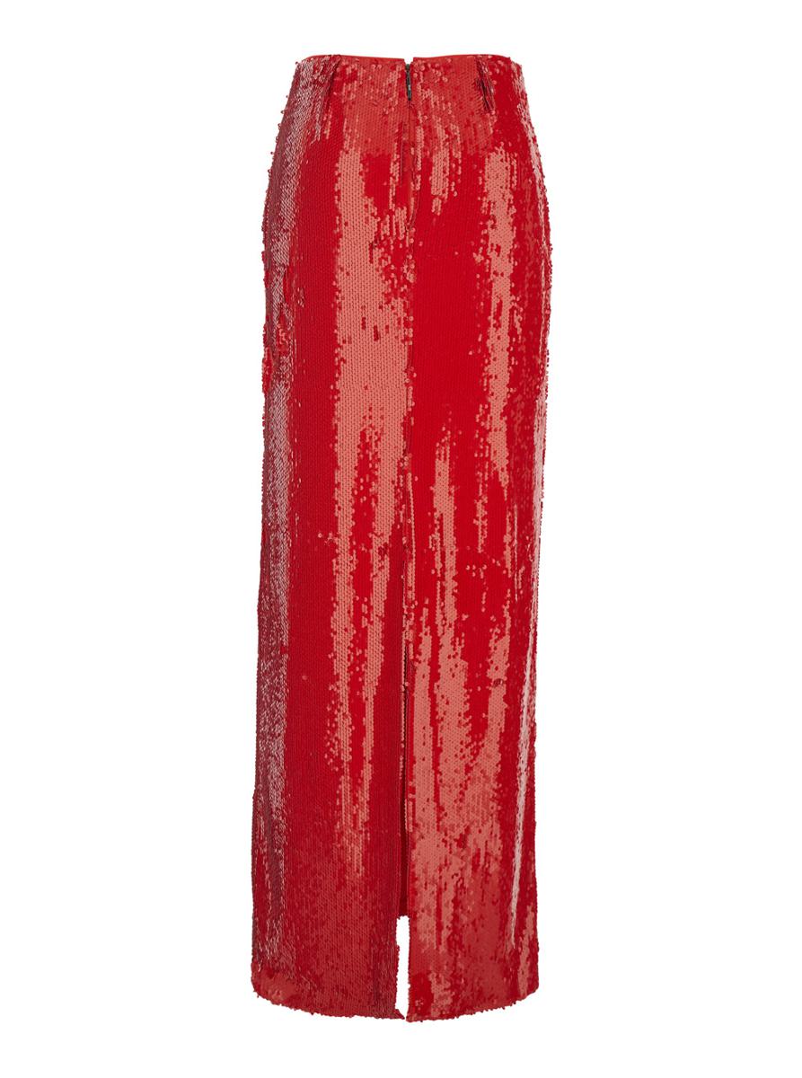 Roter Paillettenrock mit einzelnem Schlitz hinten aus technischem Stoff für Damen