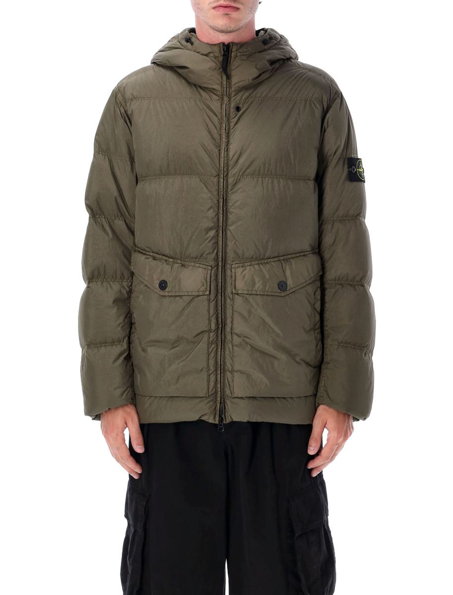 Stone Island – Daunenjacke mit Kapuze und Crinkle-Muster in Stückfärbung