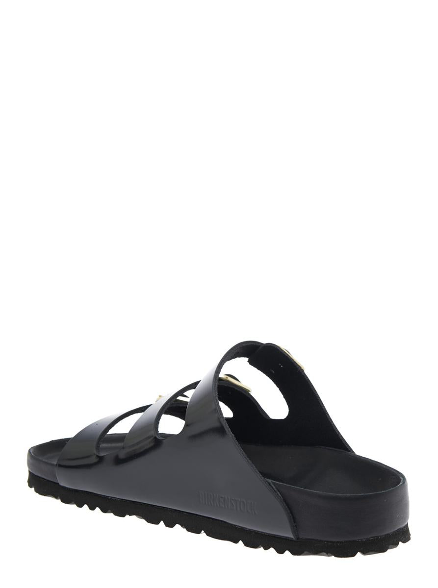 Schwarze Sandalen „Florida“ mit verstellbarem Schnallenverschluss und drei Riemen aus Leder für Damen