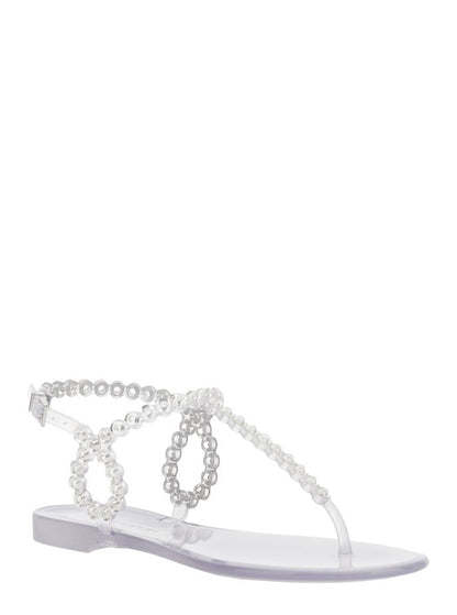 „Almost Bare“ Metallicfarbene Sandalen mit Ösenverzierungen und Schnallenverschluss aus Gummi für Damen