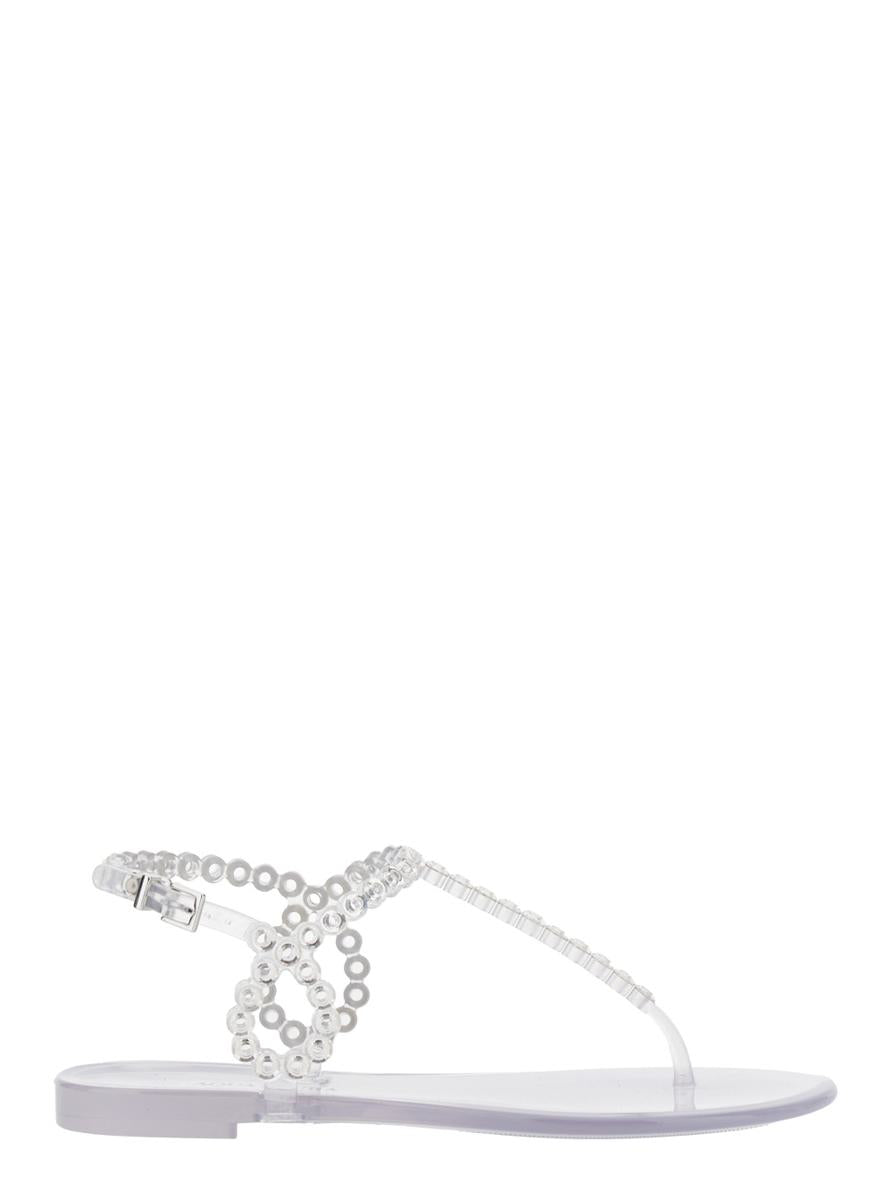 „Almost Bare“ Metallicfarbene Sandalen mit Ösenverzierungen und Schnallenverschluss aus Gummi für Damen