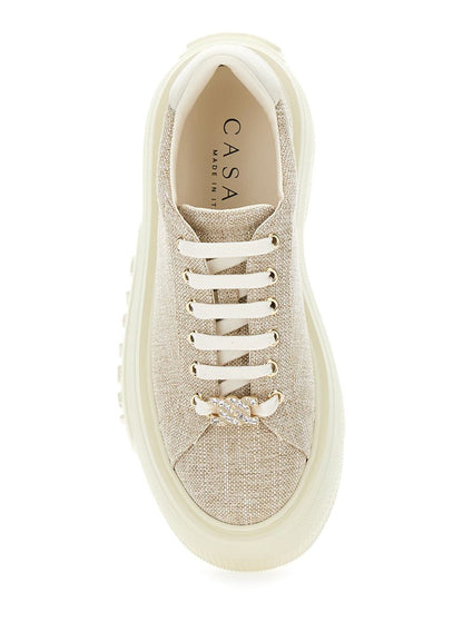Beigefarbene Sneakers „Nexus Jutalux“ mit dicker Oversize-Sohle und Logo aus Leder- und Stoffmischung für Damen