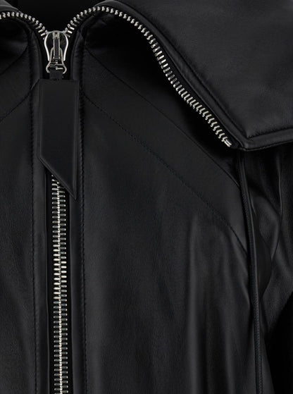 Schwarze Bomberjacke mit übergroßer Kapuze und Reißverschluss aus Leder für Damen