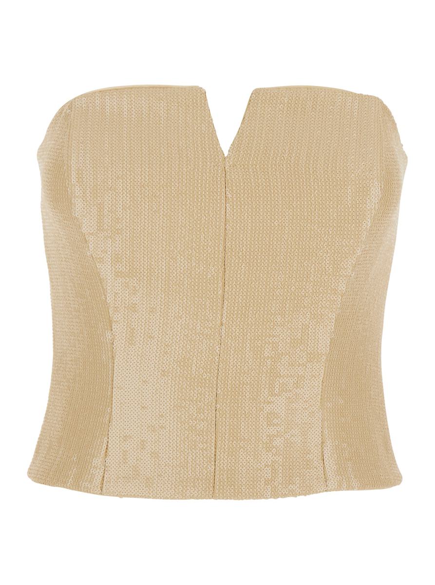 Beiges Bustier-Top mit Allover-Pailletten-Applikation aus Stoff für Damen