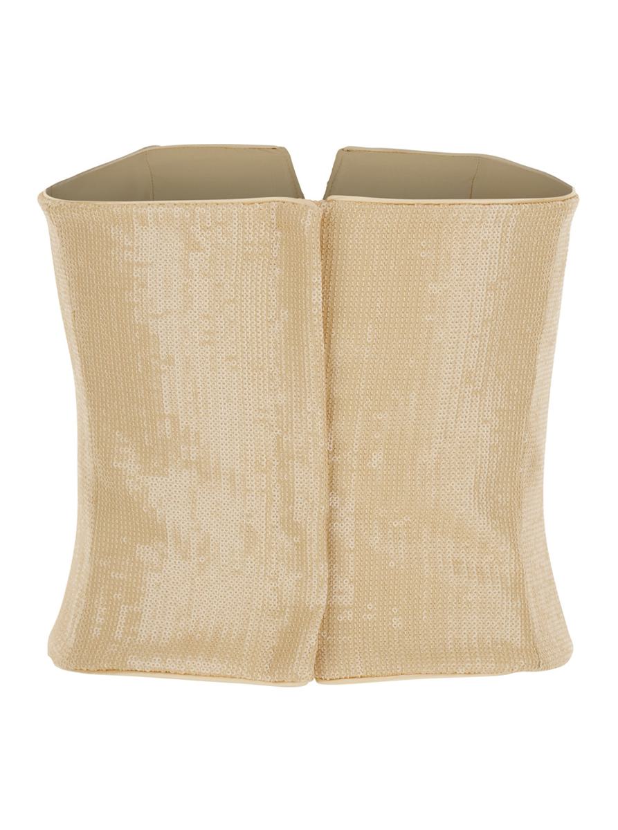 Beiges Bustier-Top mit Allover-Pailletten-Applikation aus Stoff für Damen