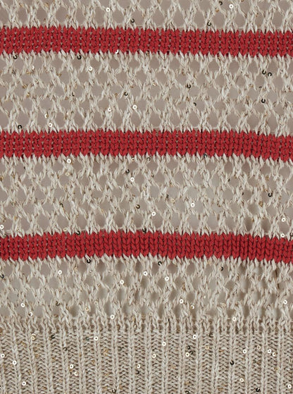 Beigefarbener Pullover „Dazzling Striped“ mit Streifenmotiv und Lochmuster aus Leinen für Damen