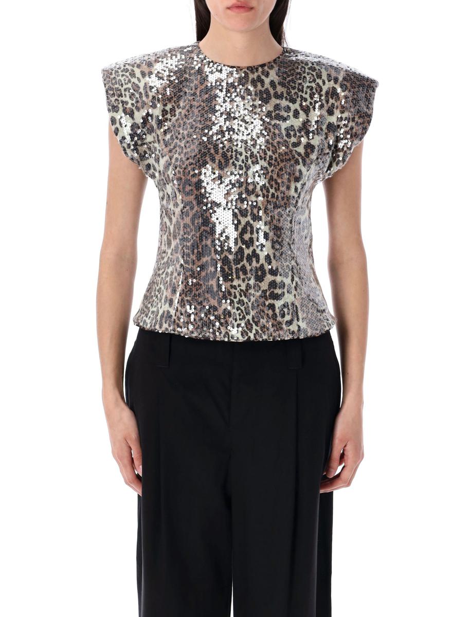 Ganni – Paillettenoberteil mit Leopardenmuster