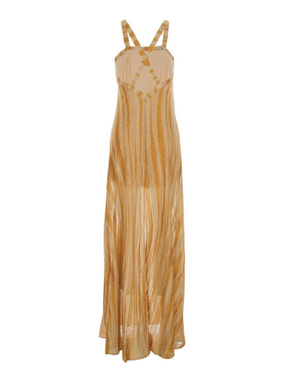 Langes, ärmelloses Metallic-Kleid mit quadratischem Ausschnitt und gekreuzten Trägern auf der Rückseite aus technischem Stoff für Damen