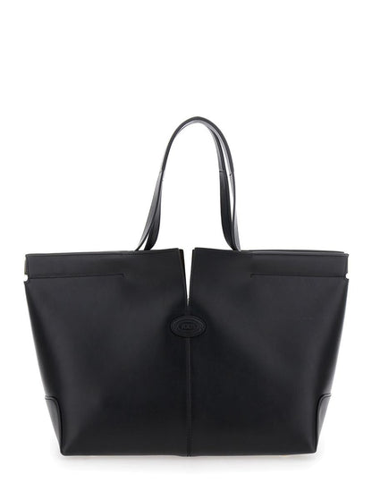 Schwarze Tragetasche mit zwei oberen Griffen und seitlichen Metalldetails aus Leder für Damen