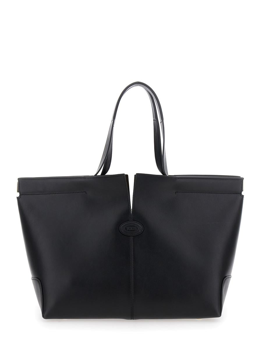 Schwarze Tragetasche mit zwei oberen Griffen und seitlichen Metalldetails aus Leder für Damen