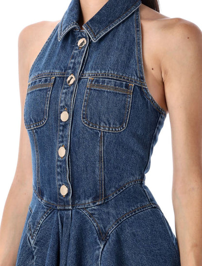Self-Portrait – Ärmelloses, ausgestelltes Minikleid aus Denim